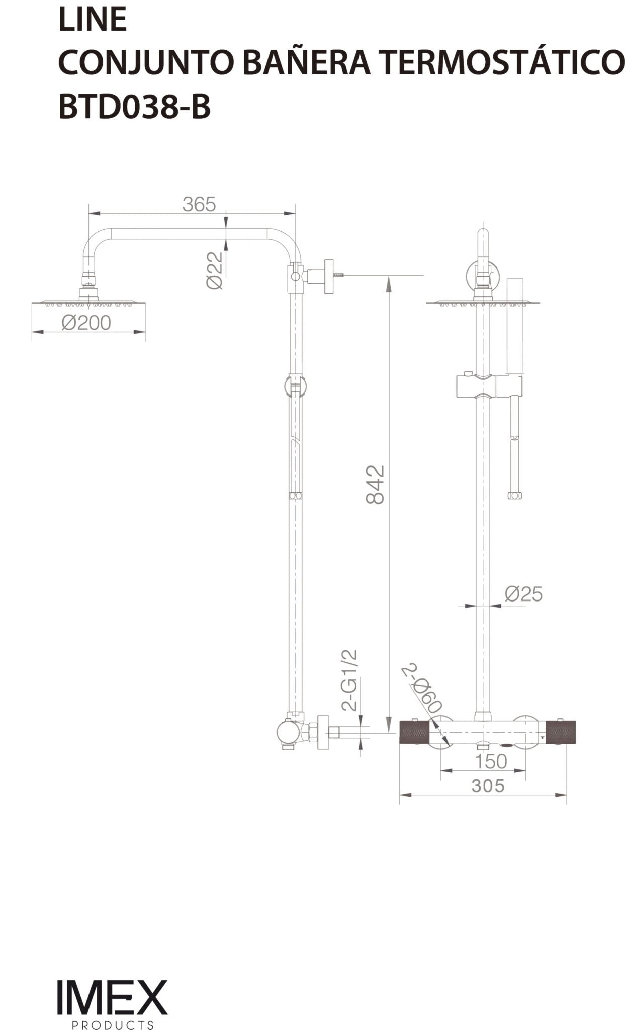 Imex – Line columna de bañera termostático negro mate - BricoandPool