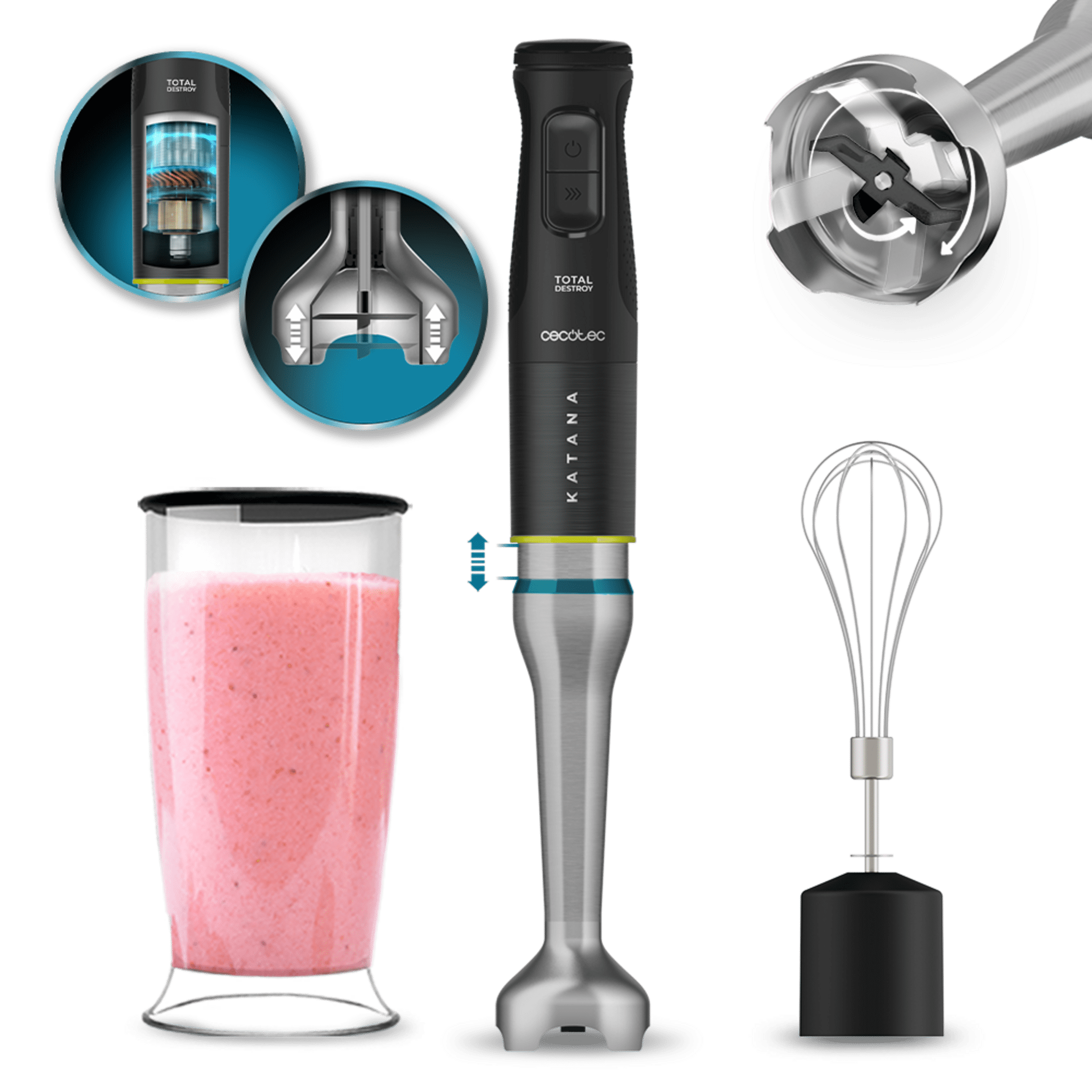 Cecotec Batidora De Mano Katana 15 TotalDestroy Cuchillas Dobles Que Giran En Inverso Vaso Y Accesorios