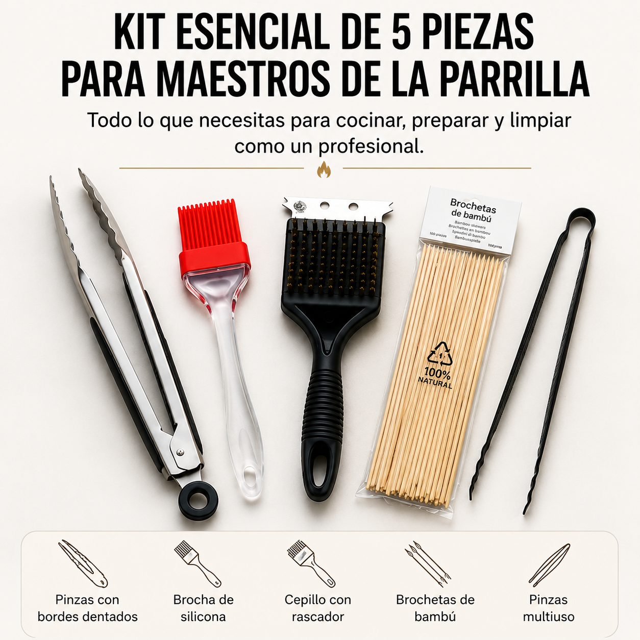 Professionelles 5-teiliges BBQ-Set aus Edelstahl mit robusten Utensilien und Silikongriffen für Grill