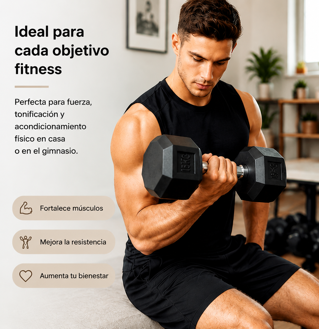 Halter hexagonal de 15 kg com pega antiderrapante e revestimento resistente para fitness e musculação