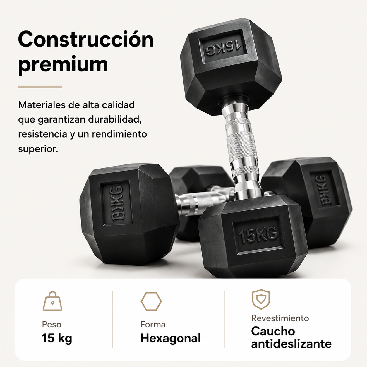 Halter hexagonal de 15 kg com pega antiderrapante e revestimento resistente para fitness e musculação
