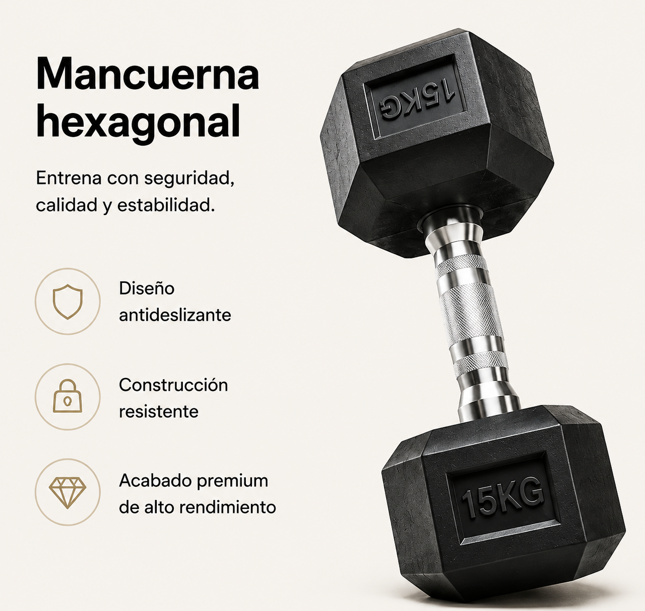 Halter hexagonal de 15 kg com pega antiderrapante e revestimento resistente para fitness e musculação