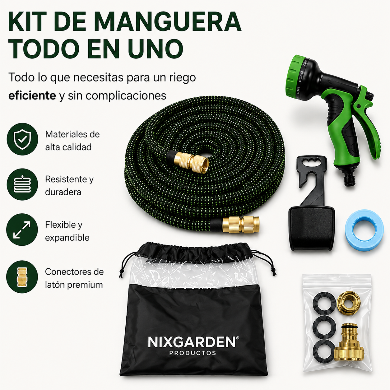 Tubo estensibile da giardino 15 m con pistola multifunzione e raccordi in ottone resistenti