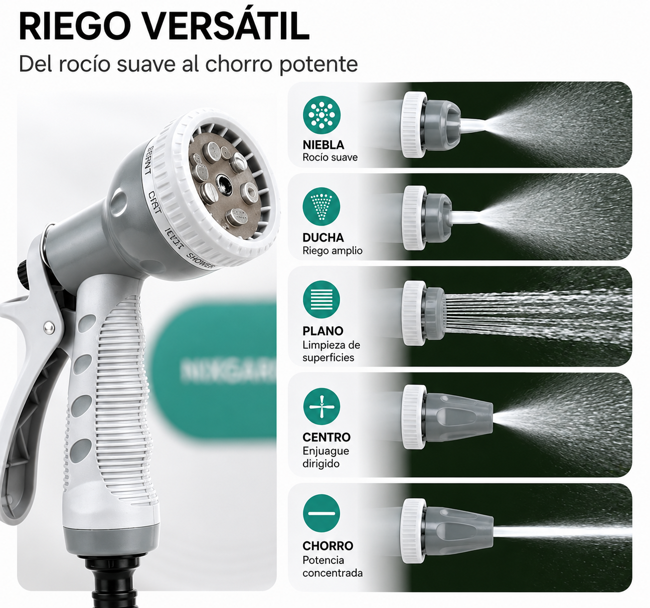 Avvolgitubo automatico per giardino 10 m con supporto da parete, sistema retrattile e pistola nebulizzatrice multifunzione
