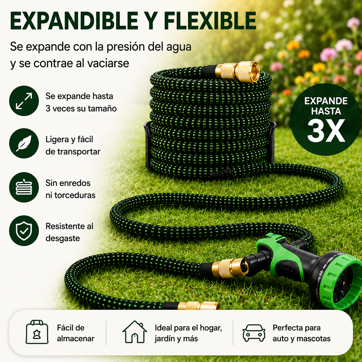 Tubo estensibile da giardino 15 m con pistola multifunzione e raccordi in ottone resistenti