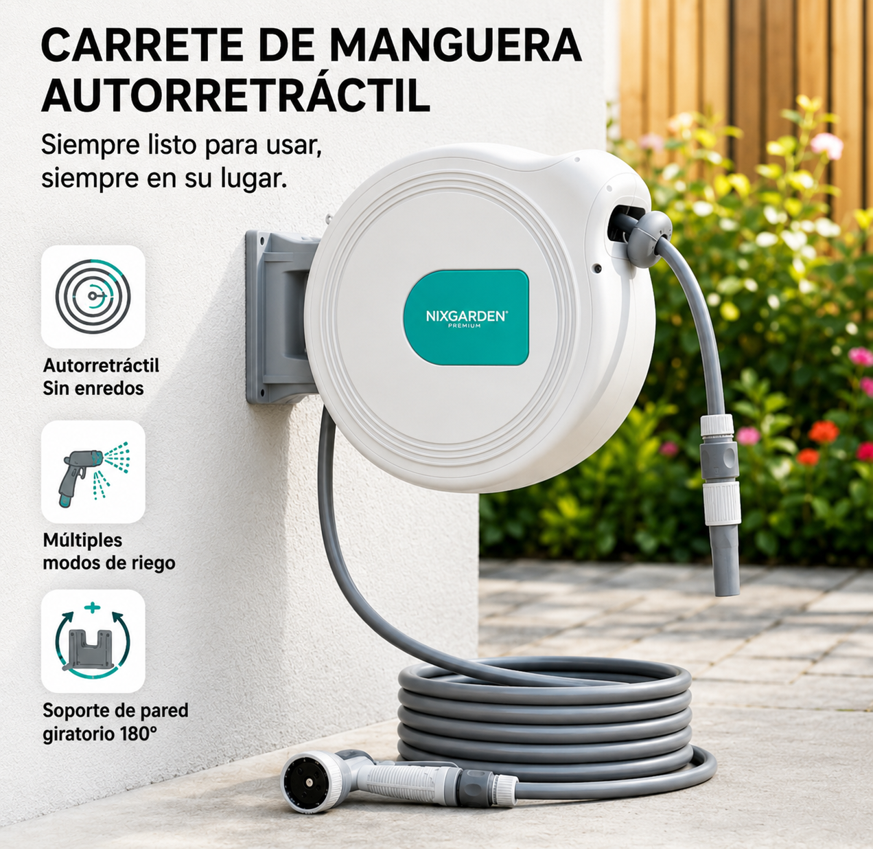 Avvolgitubo automatico per giardino 10 m con supporto da parete, sistema retrattile e pistola nebulizzatrice multifunzione