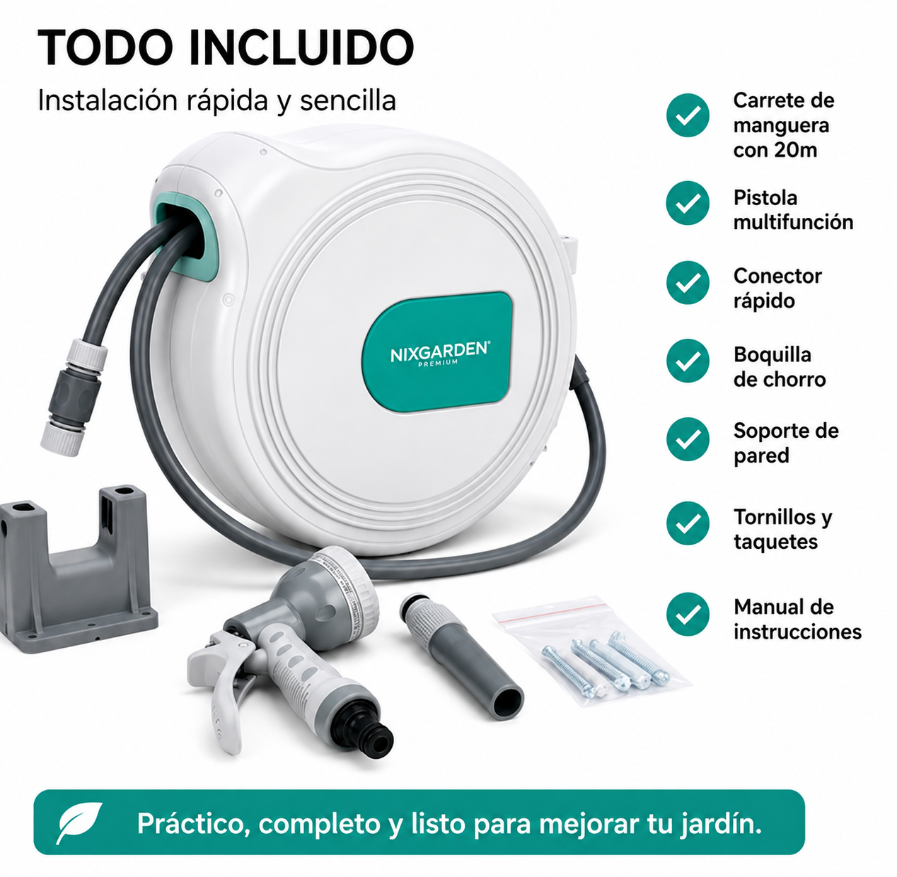 Avvolgitubo automatico per giardino 10 m con supporto da parete, sistema retrattile e pistola nebulizzatrice multifunzione