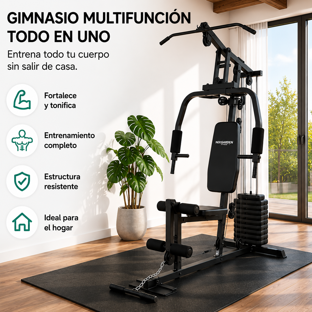 Multifunktionales Krafttrainingsgerät mit Seilzügen, ergonomischer Bank und Trainingsstation für Zuhause