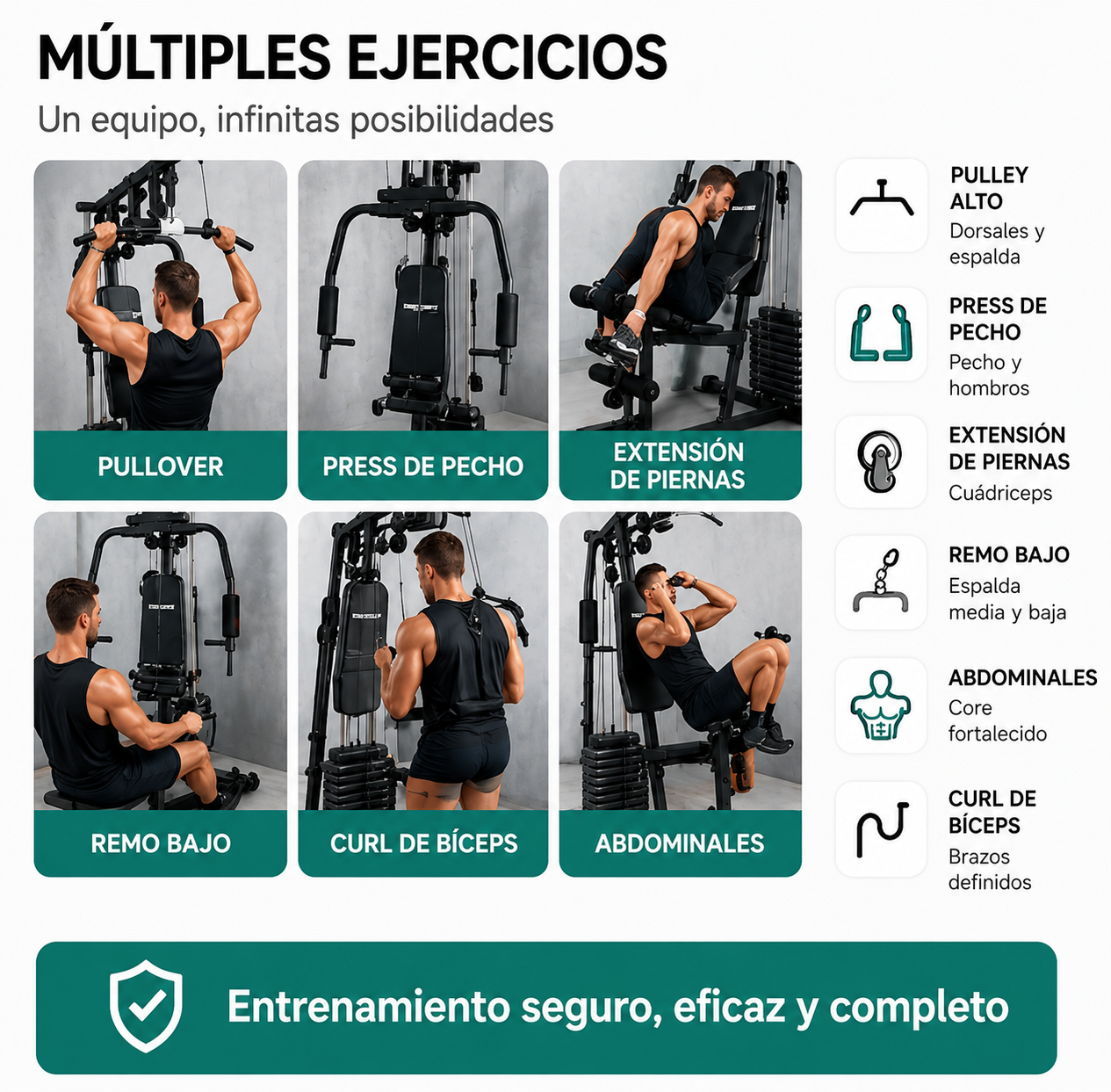 Multifunktionales Krafttrainingsgerät mit Seilzügen, ergonomischer Bank und Trainingsstation für Zuhause