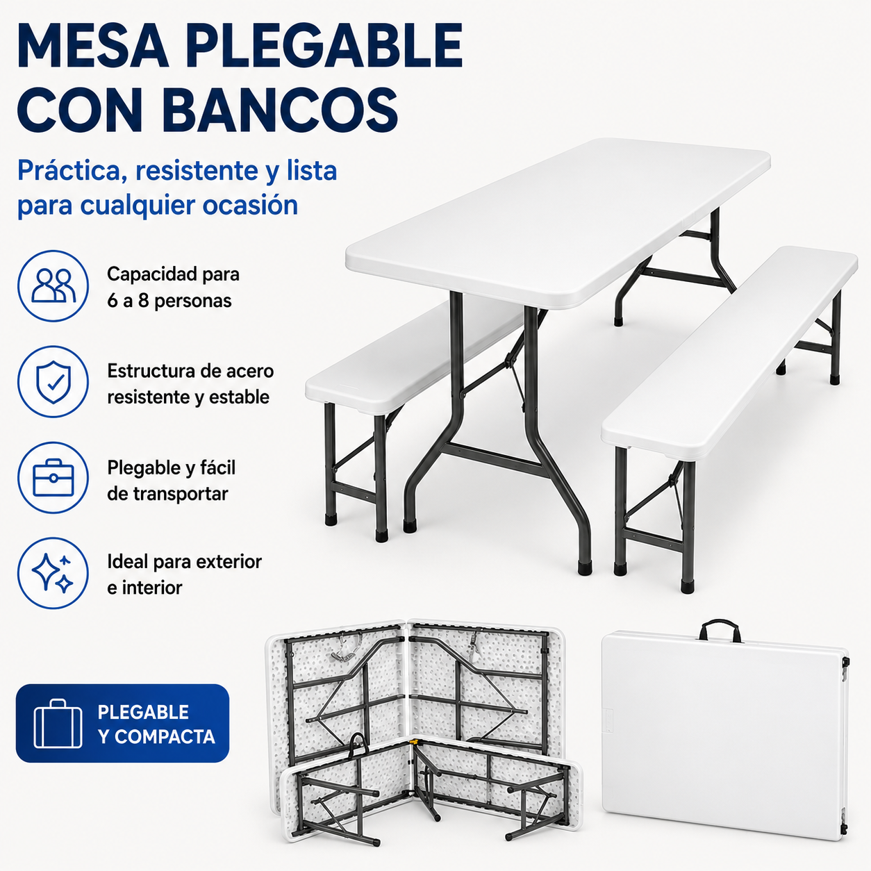 Set tavolo pieghevole con 2 panche da giardino 180x74x72 cm
