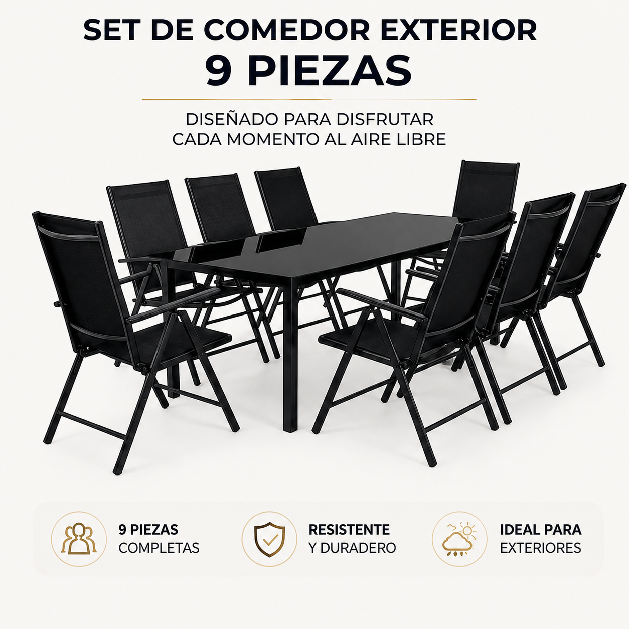 Set da giardino 9 pezzi alluminio sedie reclinabili tavolo in vetro