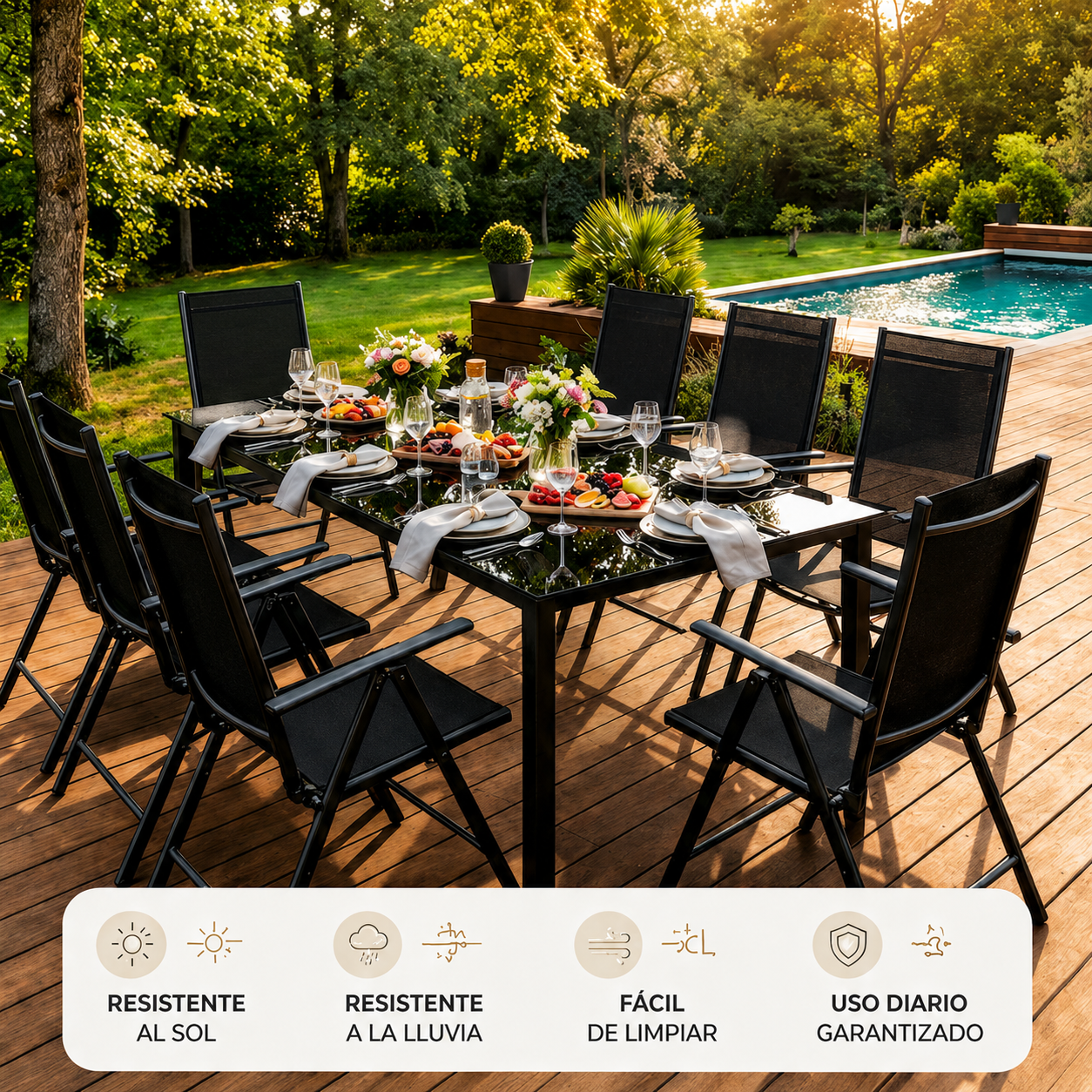 Set da giardino 9 pezzi alluminio sedie reclinabili tavolo in vetro