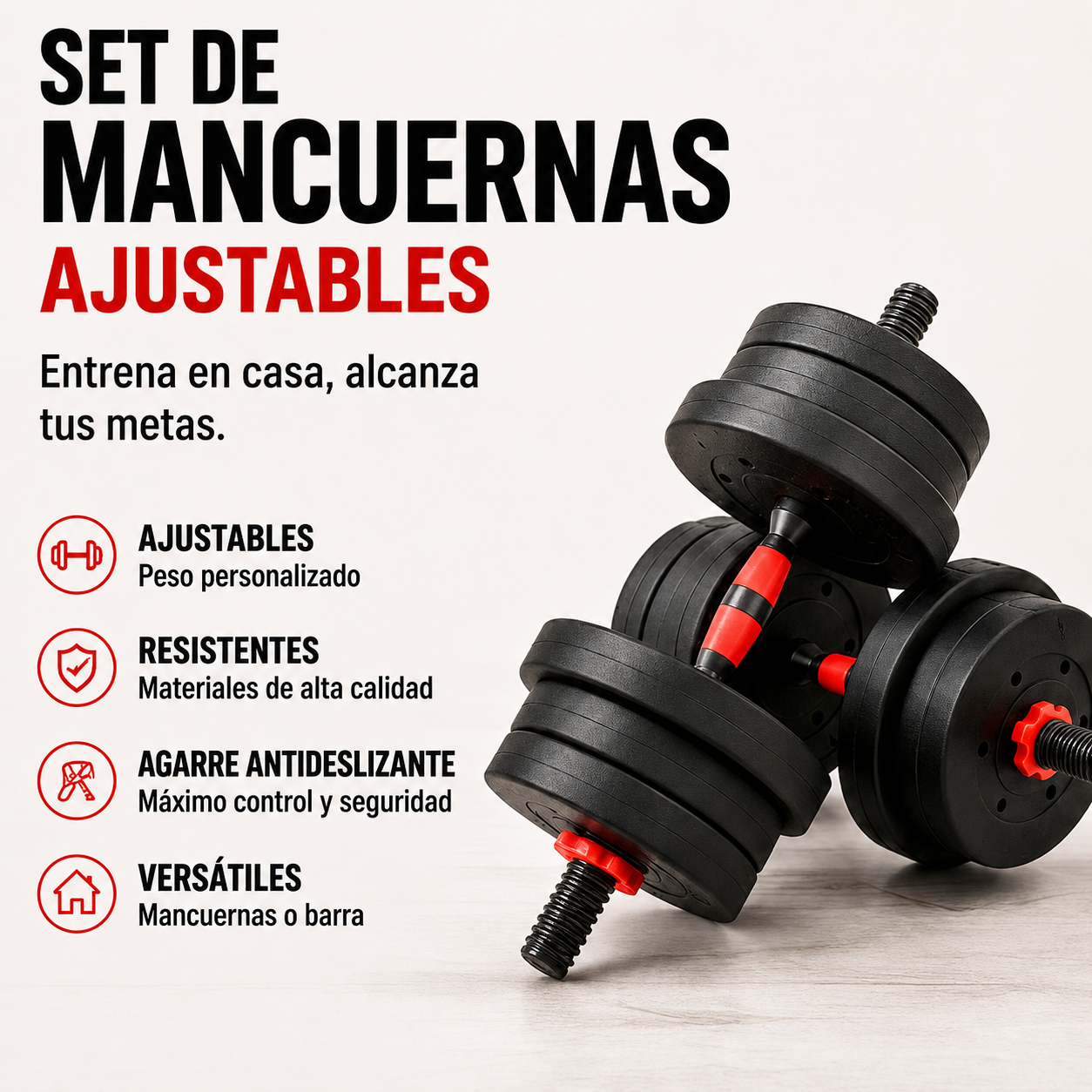 Set d'haltères réglables 20 kg avec barre extensible, disques antidérapants et kit multifonction pour fitness à domicile