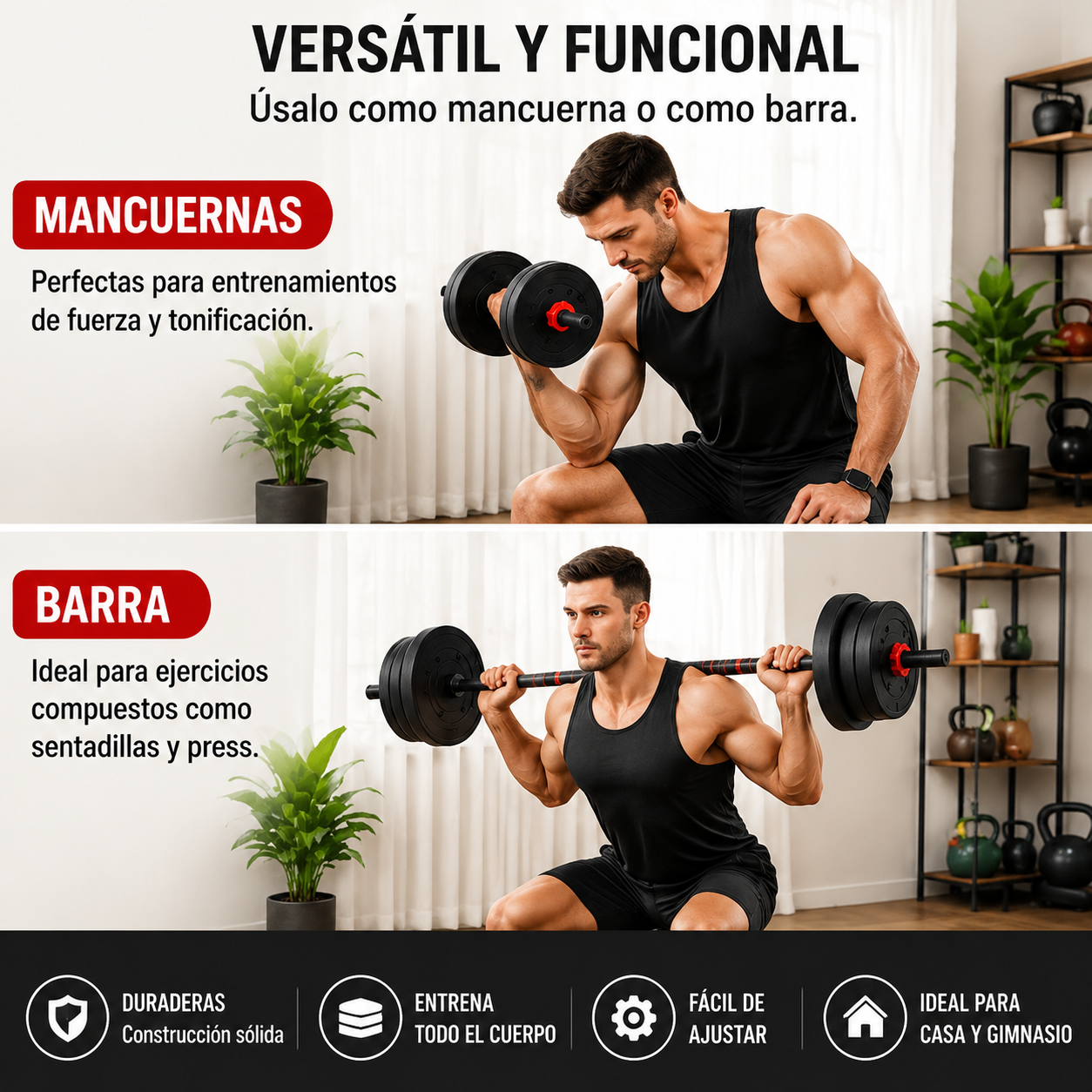 Set d'haltères réglables 20 kg avec barre extensible, disques antidérapants et kit multifonction pour fitness à domicile