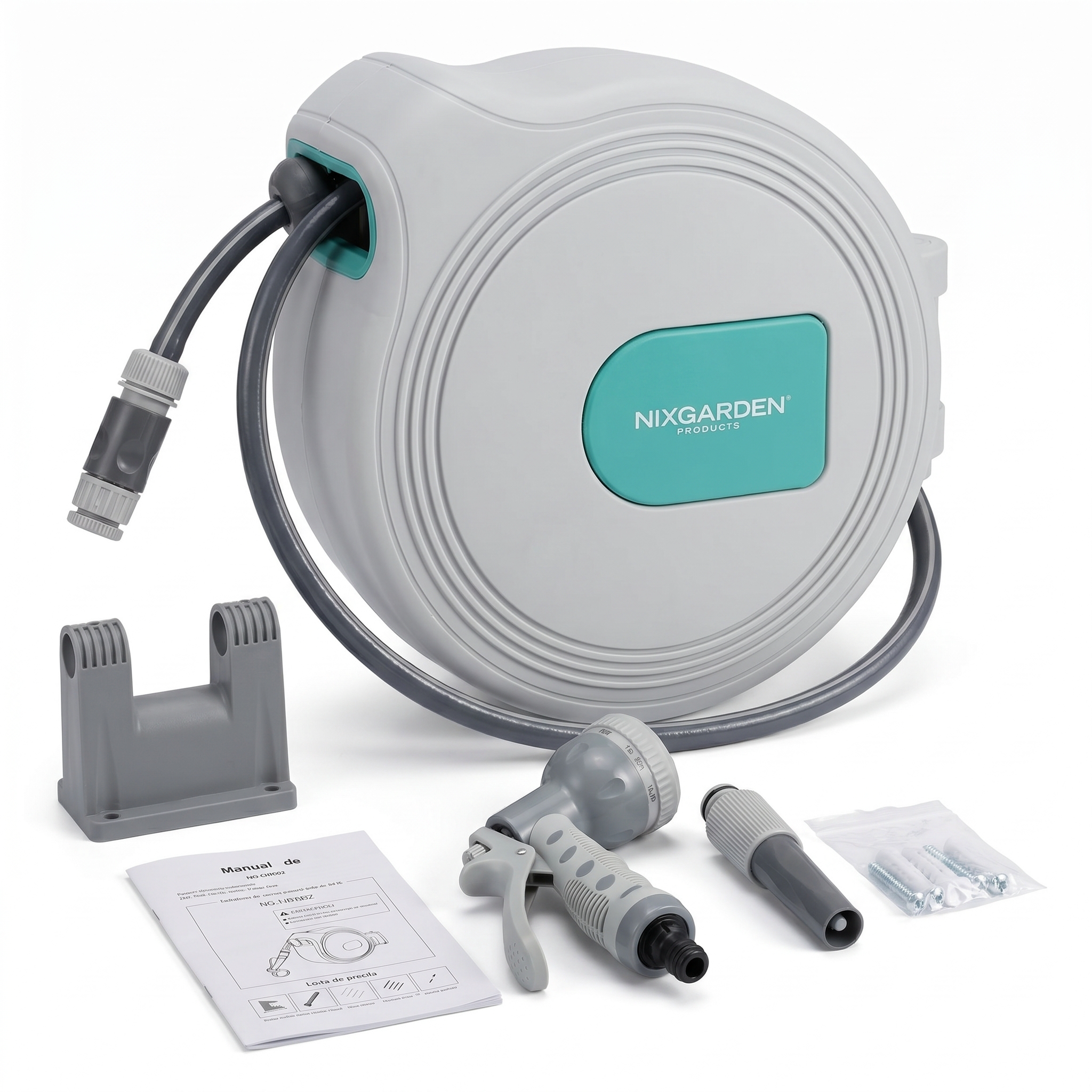 Avvolgitubo automatico per giardino 10 m con supporto da parete, sistema retrattile e pistola nebulizzatrice multifunzione
