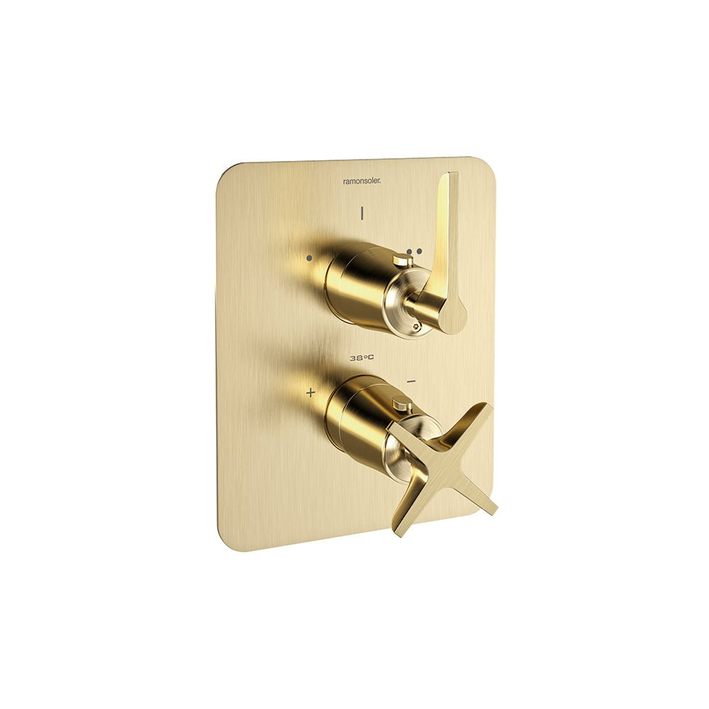 Ramon Soler - Adagio, termostático de ducha empotrado 2 vías con placa metálica, oro cepillado - BricoandPool