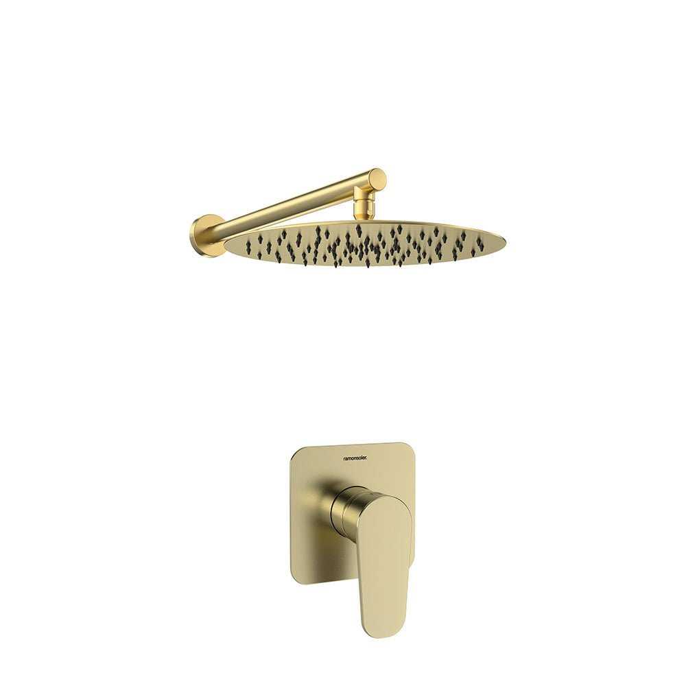 Ramon Soler - Alexia, conjunto monomando empotrado 1 vía con rociador metálico Ø300mm, oro cepillado - BricoandPool