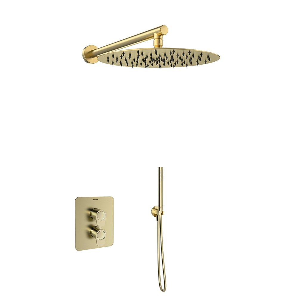 Ramon Soler - Alexia, conjunto termostático empotrado 2 vía con rociador metálico Ø300 mm, oro cepillado - BricoandPool