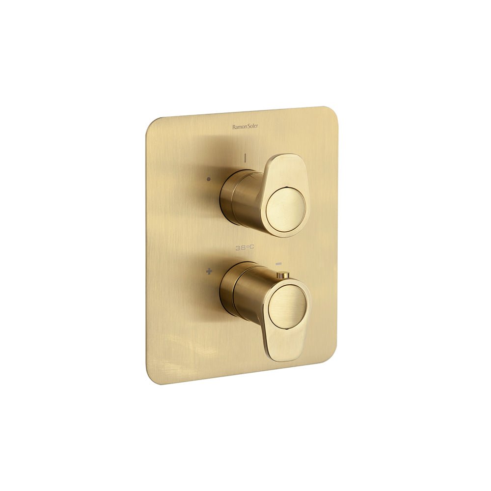 Ramon Soler - Alexia, termostático de baño - ducha empotrado 2 vías con placa metálica extraplana, oro cepillado - BricoandPool