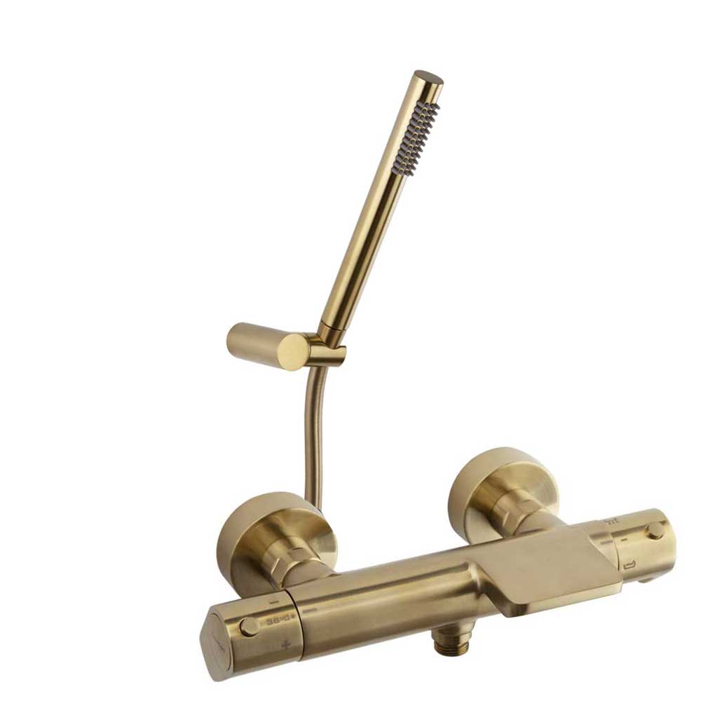 Ramon Soler - Alexia, termostático de baño - ducha salida cascada con equipo de ducha, oro cepillado - BricoandPool