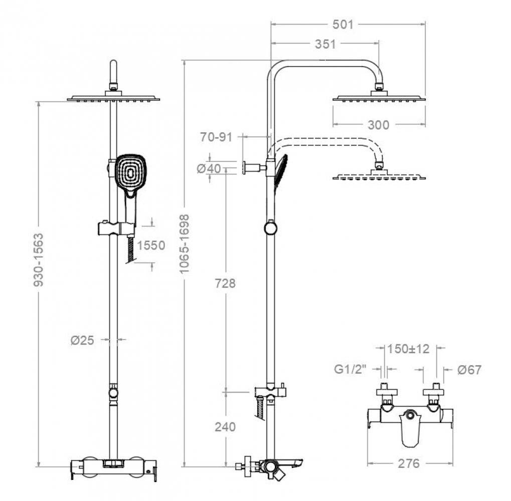 Ramon Soler - Blautherm, columna de baño - ducha telescópica monomando, rociador cuadrado de 300 mm, negro mate - BricoandPool