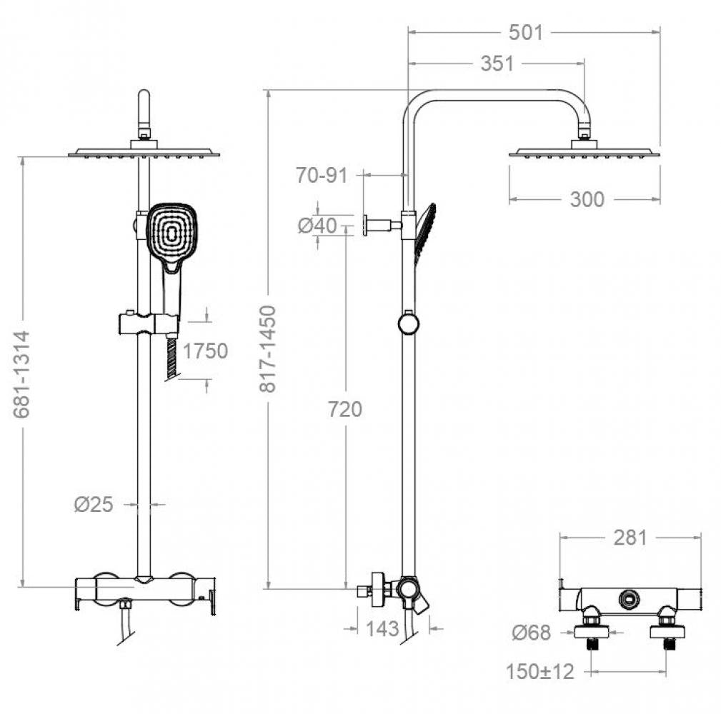 Ramon Soler - Blautherm, columna de ducha telescópica monomando, rociador cuadrado 300 mm, oro cepillado - BricoandPool