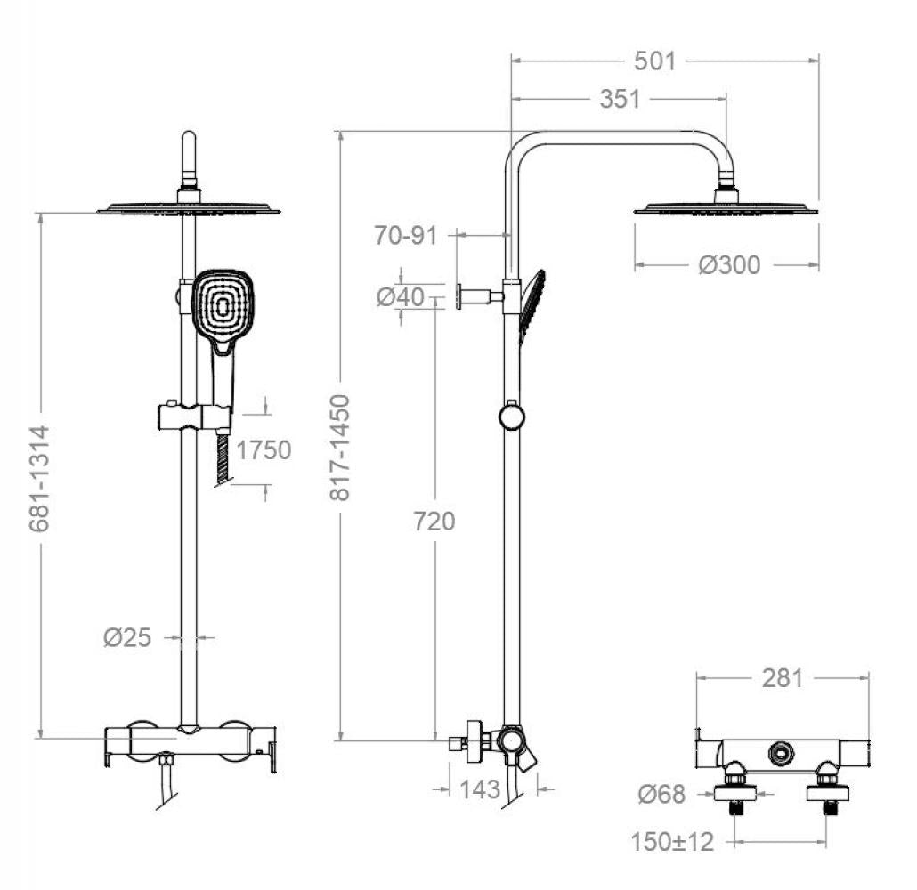 Ramon Soler - Blautherm, columna de ducha telescópica monomando, rociador cuadrado de 300 mm, cromo - BricoandPool