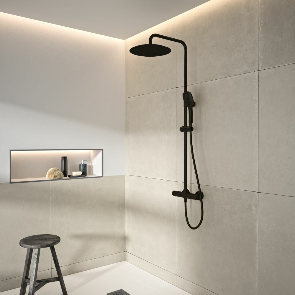 Ramon Soler - Blautherm, columna de ducha telescópica monomando, rociador redondo Ø300 mm, negro mate 937415RP300NM - BricoandPool