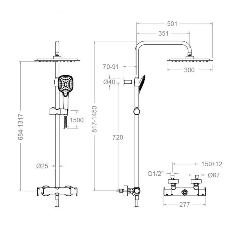 Ramon Soler - Blautherm, columna de ducha telescópica termostática con rociador cuadrado de 300 mm, cromo - BricoandPool