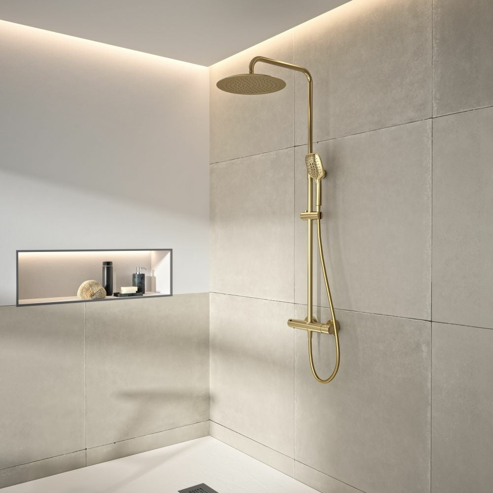 Ramon Soler - Blautherm, columna de ducha telescópica termostática con rociador cuadrado de 300 mm, oro cepillado - BricoandPool