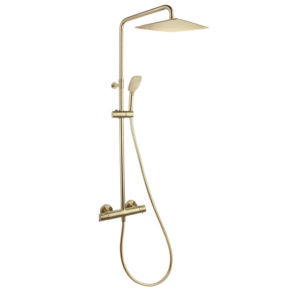 Ramon Soler - Blautherm, columna de ducha telescópica termostática con rociador cuadrado de 300 mm, oro cepillado - BricoandPool
