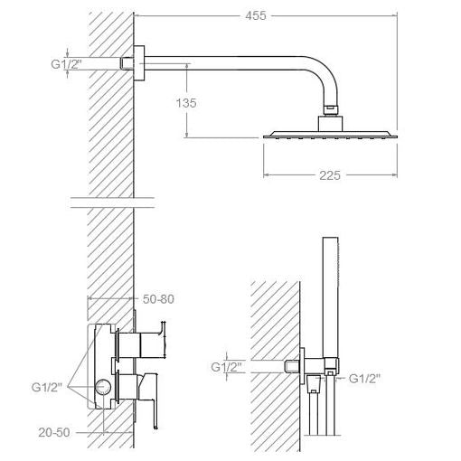Ramon Soler - Blautherm, conjunto monomando metálico empotrado 2 vías con soporte, toma de agua, teleducha y rociador cuadrado 225mm, cromo - BricoandPool
