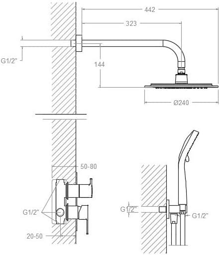 Ramon Soler - Blautherm, conjunto monomando metálico empotrado 2 vías con soporte, toma de agua, teleducha y rociador metálico cuadrado 250mm, cromo - BricoandPool