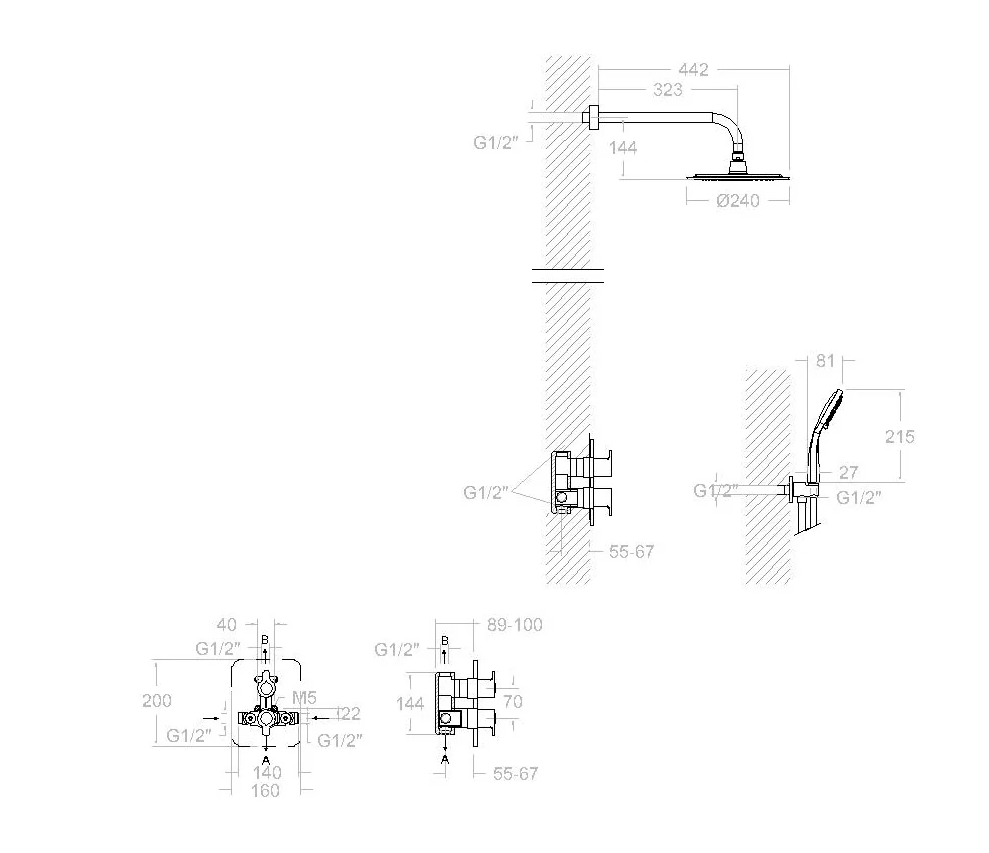 Ramon Soler - Blautherm, conjunto termostático empotrado metálico 2 vías con soporte, toma de agua, teleducha y rociador redondo Ø240mm, cromo 948712RP240 - BricoandPool