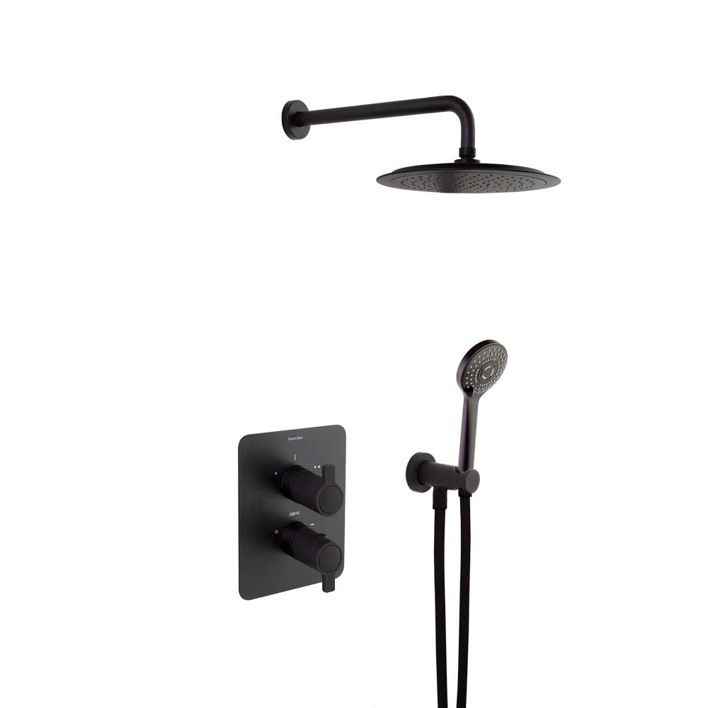 Ramon Soler - Blautherm, conjunto termostático empotrado metálico 2 vías con soporte, toma de agua, teleducha y rociador redondo Ø240mm, negro mate 948712RP240NM - BricoandPool