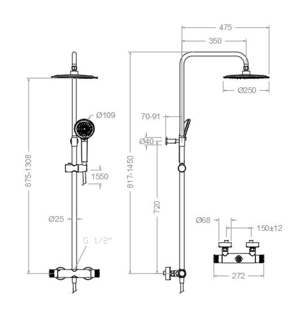 Ramon Soler - Columna de ducha telescópica Monotech con rociador ABS Ø240mm negro mate - BricoandPool