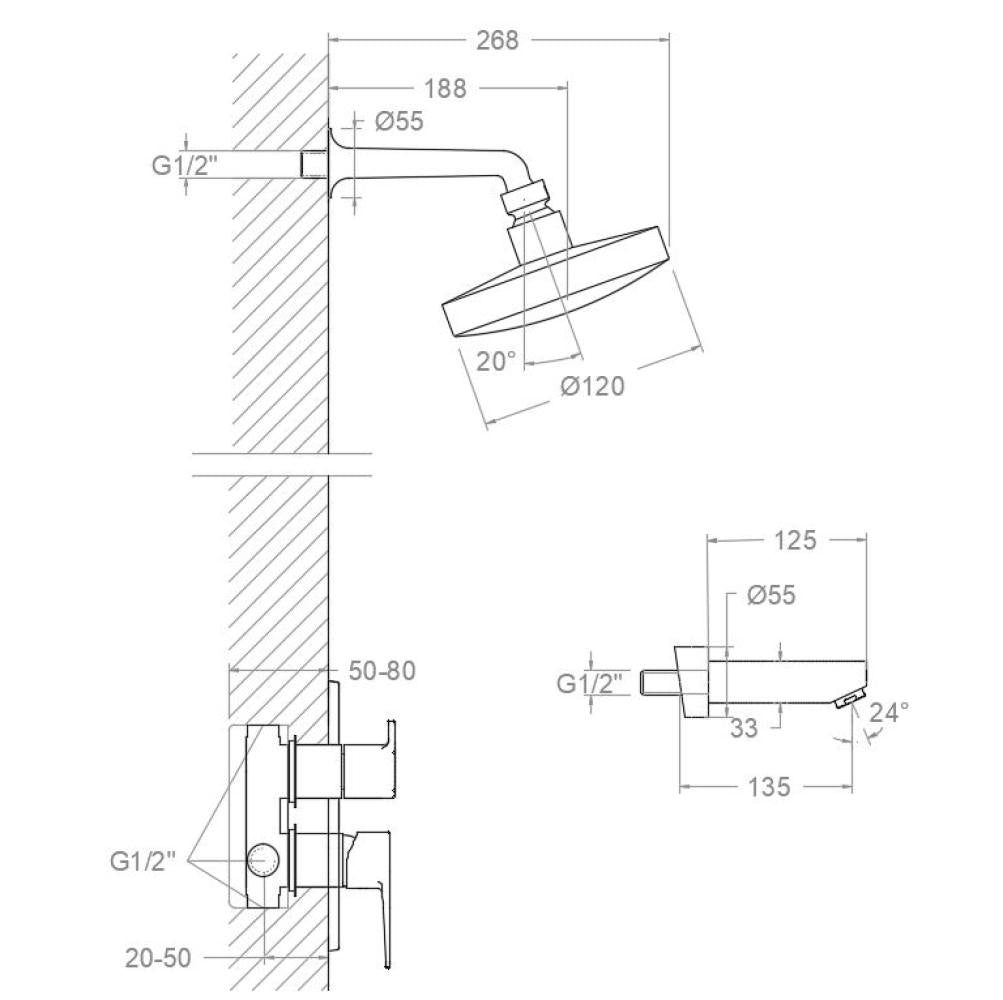 Ramon Soler - Conjunto de baño - ducha empotrado monomando 2 vías Titanium con brazo, rociador ABS 120 mm y caño de bañera cromo - BricoandPool