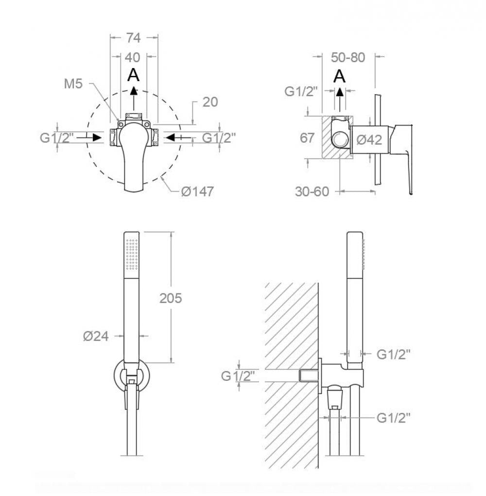 Ramon Soler - Conjunto de ducha empotrado monomando 1 vía Titanium cromo - BricoandPool