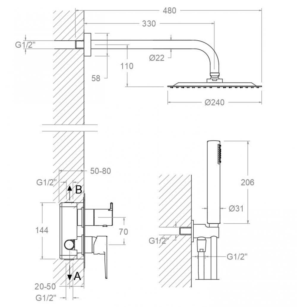 Ramon Soler - Conjunto de ducha empotrado monomando 2 vías Titanium cromo - BricoandPool