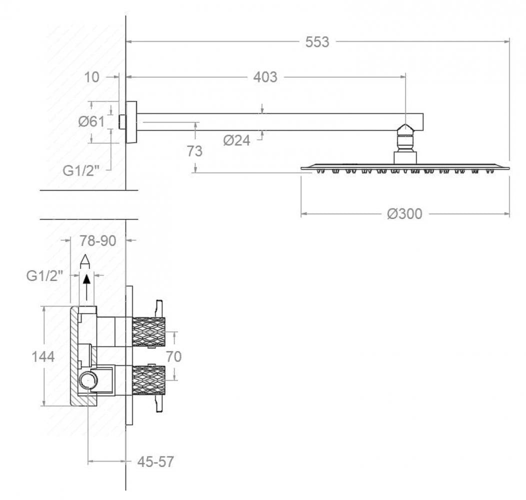 Ramon Soler - Conjunto de ducha empotrado termostático 1 vía Odisea Joya con rociador metálico Ø300 mm cobre cepillado - BricoandPool