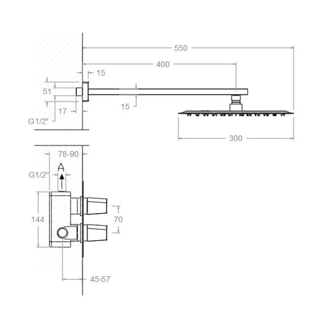Ramon Soler - Conjunto de ducha empotrado termostático 1 vía Prisma con rociador metálico Ø300 mm grafito - BricoandPool