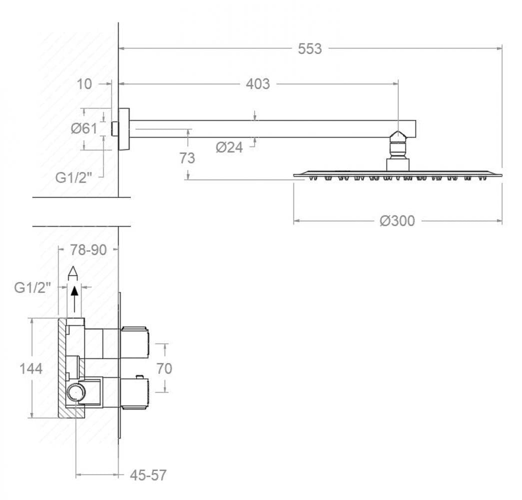 Ramon Soler - Conjunto de ducha empotrado termostático 1 vía Urban Chic con rociador metálico Ø300 mm oro cepillado - BricoandPool