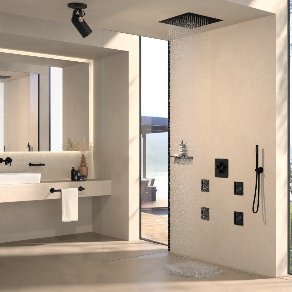 Ramon Soler - Conjunto de ducha empotrado termostático 3 vías RS Smart negro mate - BricoandPool