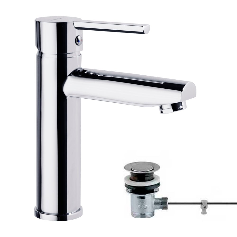 Ramon Soler - Drako, monomando de lavabo con válvula automática de inox 1¼, apertura en frío, cromo - BricoandPool