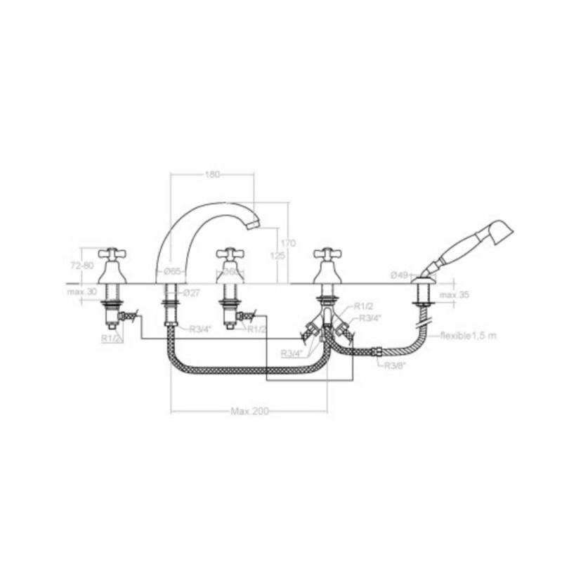 Ramon Soler - Grifo de baño - ducha bimando de repisa Gaudí con equipo de ducha cromo - BricoandPool