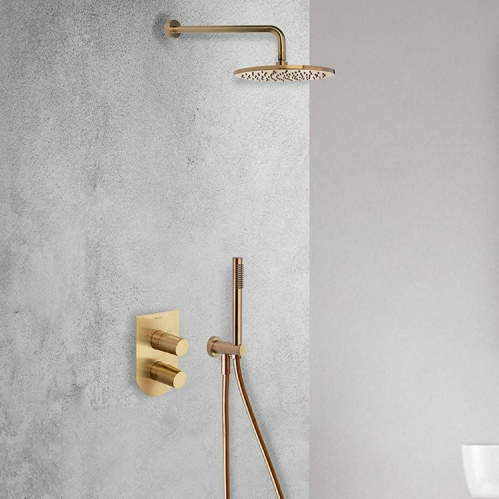 Ramon Soler - Grifo de baño - ducha empotrado monomando 2 vías Tzar con placa metálica oro cepillado - BricoandPool