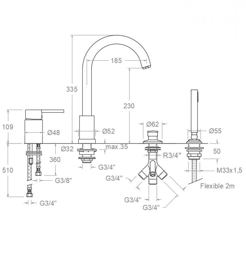 Ramon Soler - Grifo de baño - ducha monomando de repisa Drako con equipo de ducha cromo - BricoandPool