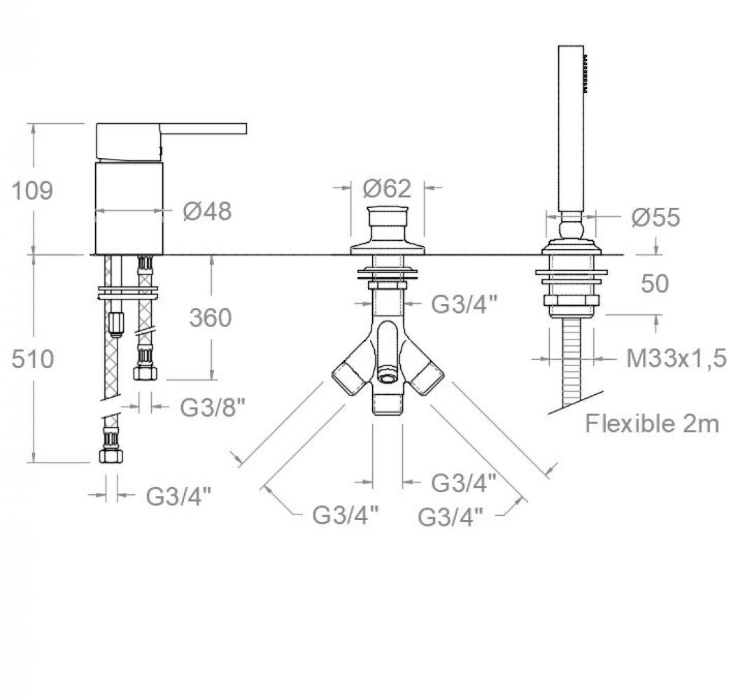 Ramon Soler - Grifo de baño - ducha monomando de repisa Drako con equipo de ducha sin caño cromo - BricoandPool