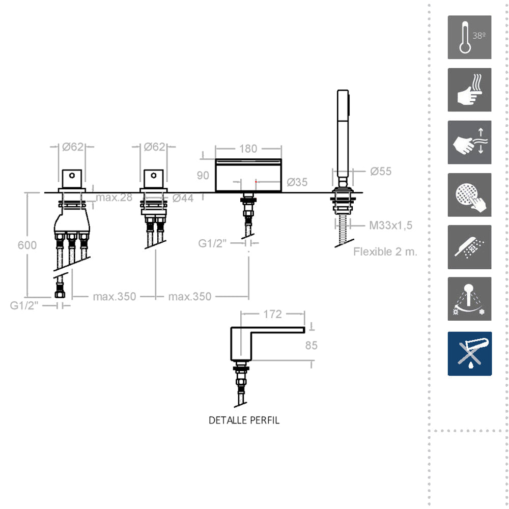 Ramon Soler - Grifo de baño - ducha termostático Alexia de repisa con caño cascada y equipo de ducha metálico cromo - BricoandPool