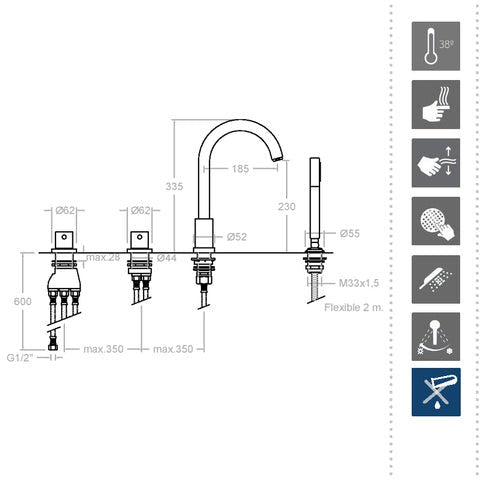 Ramon Soler - Grifo de baño - ducha termostático Alexia de repisa con equipo de ducha metálico cromo - BricoandPool